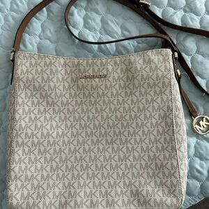 Michael Kors Cream Logo Crossbody with Brown Strap